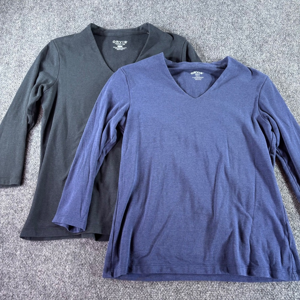 Orvis Perfect Tee Women Size Small Blue Black V-Neck Pima‎ Cotton Modal 2-Pack